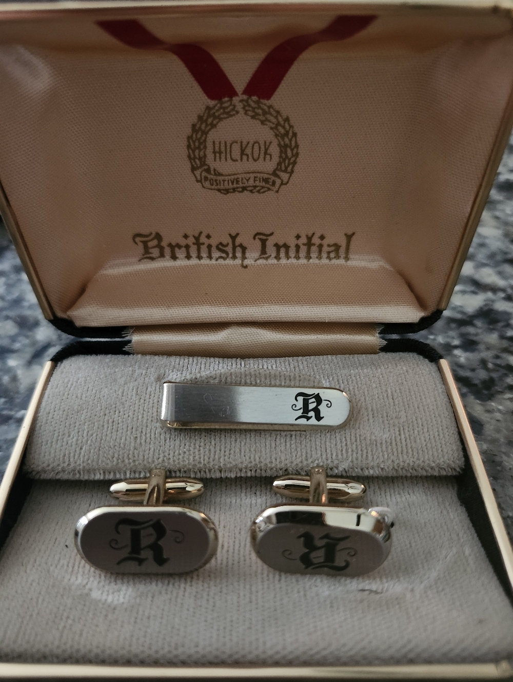 Vtg Hickok British Initial Monogrammed Letter "R" Cufflinks & Tie Bar Set